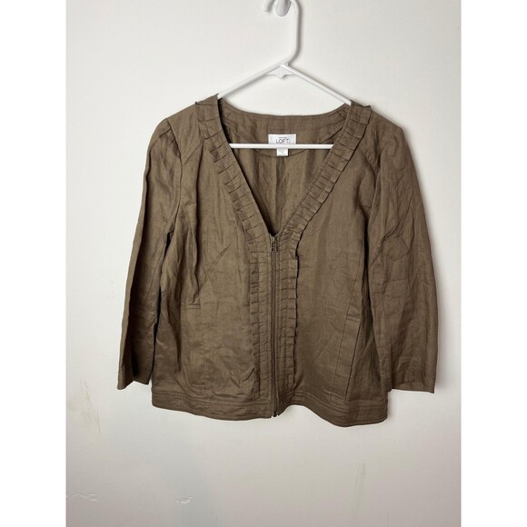 Ann Taylor Jackets & Blazers - Ann Taylor LOFT Jacket Womens 12 Brown Linen Ruffle Trim Zip Front 3/4 Sleeve